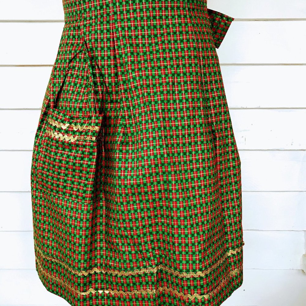 Vintage Apron Plaid Green Red Gold Christmas